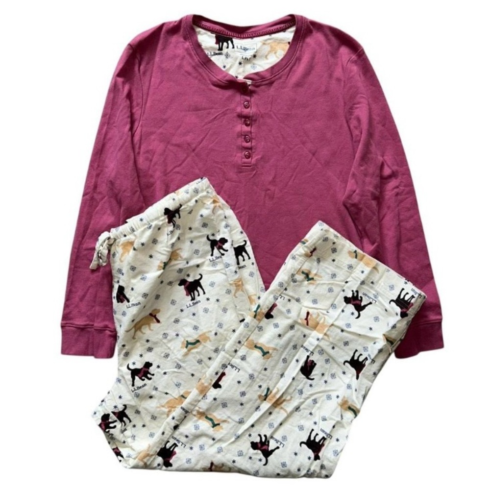 L.L. Bean LP Dark Pink Cotton Top Dashing Dogs Flannel Pajama Pants Set New